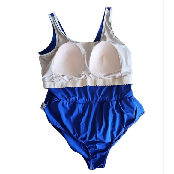 Swim365 One Piece Romper Swimsuit Front Pockets Built In Padded Bra Blue Sz 26W - Picture 5 of 14